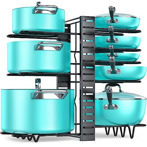 MUDEELA Pots and Pans Organizer Rack under Cabinet 16.61 Height, 8 Tiers Adjustable Pot Pan Rack with 3 DIY Methods, Pot Lid holder for Kitchen Cabinet Organizers and Storage - color: Black, size: 16.61"H