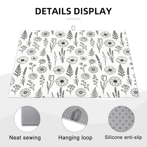 Black and White Floral Aesthetics Dish Drying Mat, for Kitchen Counter Microfiber Absorbent, Dish Draining Mat Extra Large 18"x24" - color: Black/White