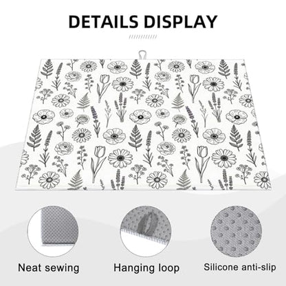 Black and White Floral Aesthetics Dish Drying Mat, for Kitchen Counter Microfiber Absorbent, Dish Draining Mat Extra Large 18"x24" - color: Black/White