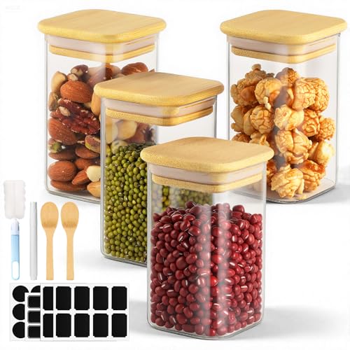Glass Jars with Bamboo Lids, 4 Pack 8 Fl.oz Glass Canister with Airtight Lids, Wide Mouth Spice Jars Clear Food Storage Containers for Sugar Coffee Bean Tea - Included Labels, Spoon and Marker - color: 4 Pack, size: 8 fl.oz