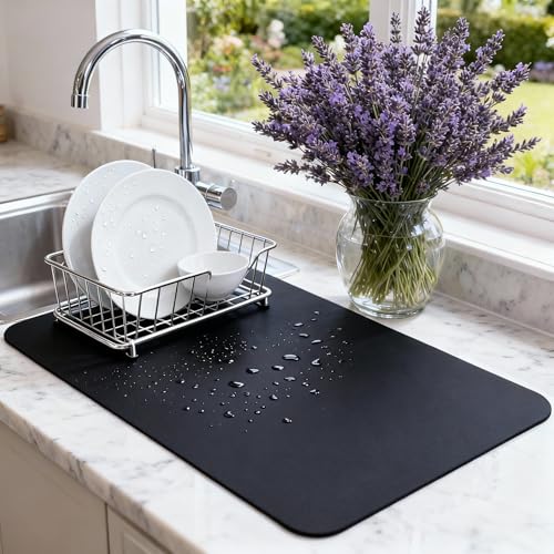 Dish Drying Mat Super Absorbent – 24" x 16" Coffee Mat for Countertops – Non-Slip Drying Mat for Kitchen Counter – Easy to Clean Water Absorbent Mat – Large Dish Drying Mats (Black) - color: Black, size: 24" x 16"