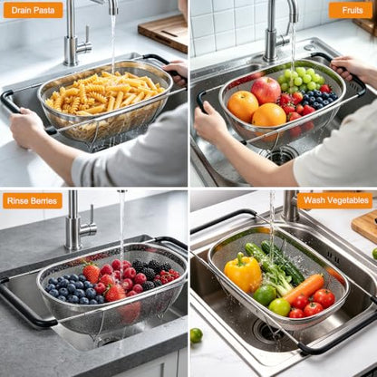 Palksky Over the Sink Colander, Stainless Steel Fine Mesh, 6 Quart 2 Pack | Expandable handles fit most sinks; fine mesh drains pasta, rice & produce - color: 6-Quart Over the Sink Colander 2 PCS