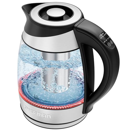 Chefman Electric Kettle with Temperature Control, 5 Presets LED Indicator Lights, Removable Tea Infuser, Glass Tea Kettle & Hot Water Boiler, 360° Swivel Base, BPA Free, Stainless Steel, 1.8 Liters - size: 1.8L