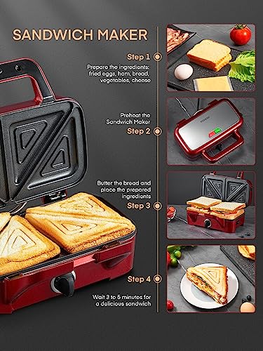FOHERE Waffle Maker 3 in 1 Sandwich Maker 1200W Panini Press With Removable Plates and 5-gear Temperature Control, Non-stick Coating Easy to Clean,Indicator Lights, Red - color: Red
