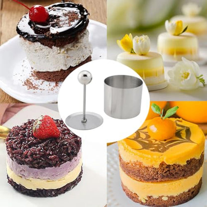 JianLing 1Set Round Cake Stick Moldlings Set Tray Dessert Moldlings Metal Baking Cutter Small Box Packaging Silver For Making Cheese Bricks and Rice Balls