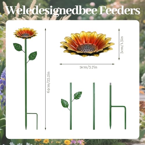 4 Pack Sunflower Flower Bee Watering Station with 20 Glass Beads - Bee Bath for Garden Metal Bee Water Feeder with Flower Design, Colorful Outdoor Insect Hydration Station for Attracting Bees ﻿