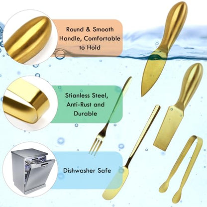 18 pieces Charcuterie Board Accessories, Gold Stainless Steel Cheese Knives, Butter Knife Spreader, Appetizer Forks, Mini Serving Tongs Spoons for Gathering Wedding Birthday... - color: Gold
