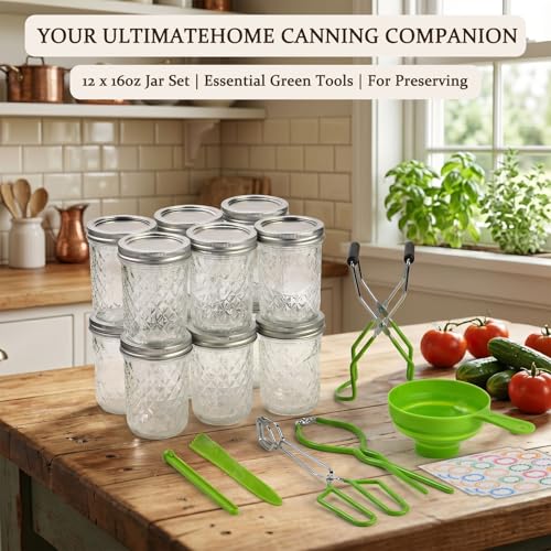 Canning Supplies Starter Kit – 12x 16oz Pint Mason Jars with Wide Mouth Funnel, Jar Lifter, Tongs, Jar Wrench – Complete Canner Tools for Jam, Pickling, Water Bath and Pressure Canning