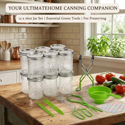 Canning Supplies Starter Kit – 12x 16oz Pint Mason Jars with Wide Mouth Funnel, Jar Lifter, Tongs, Jar Wrench – Complete Canner Tools for Jam, Pickling, Water Bath and Pressure Canning