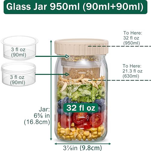 Danmu 32 oz Salad Jars with 2 Dressing Cups - Glass Mason Jar Meal Prep Containers,Wide Mouth,Leak Proof,Dishwasher Safe - Dry Wet Food Separation for Fresh Salad,Leftovers 4 Pack - color: Pearl White