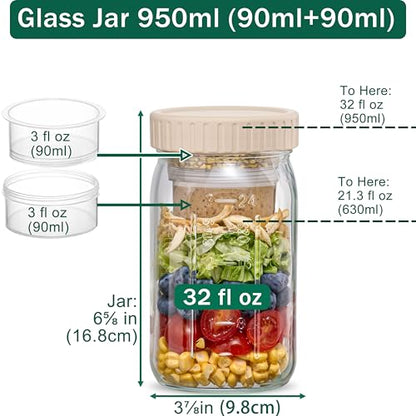Danmu 32 oz Salad Jars with 2 Dressing Cups - Glass Mason Jar Meal Prep Containers,Wide Mouth,Leak Proof,Dishwasher Safe - Dry Wet Food Separation for Fresh Salad,Leftovers 4 Pack - color: Pearl White