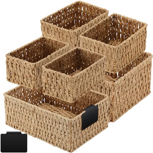 Marsui 6 Pcs Wicker Storage Baskets for Pantry Organization with Labels Handwoven Paper Rope Multi-size Natural Wicker Storage Bins for Organizing Small Baskets Container for Shelves Closet Toilet - color: Natural, style: Paper Rope