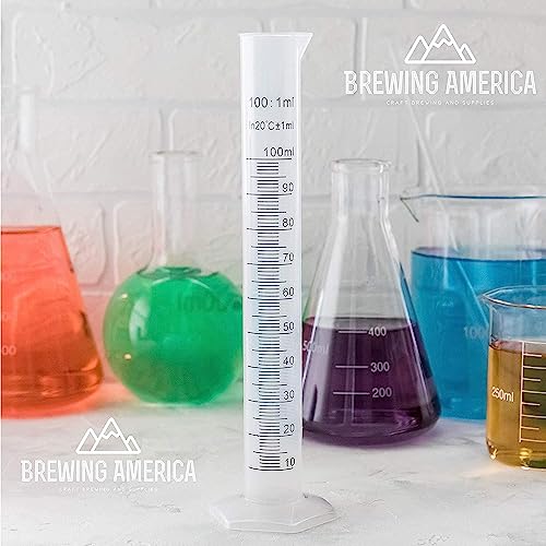Brewing America 100ml Plastic Graduated Cylinder Beaker - 100ml Science Measuring Test Tube Flask, 2-sided Marking - Black and Raised Graduation Lines, Pour Spout