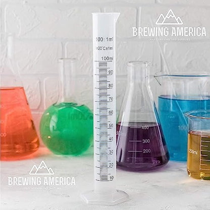 Brewing America 100ml Plastic Graduated Cylinder Beaker - 100ml Science Measuring Test Tube Flask, 2-sided Marking - Black and Raised Graduation Lines, Pour Spout