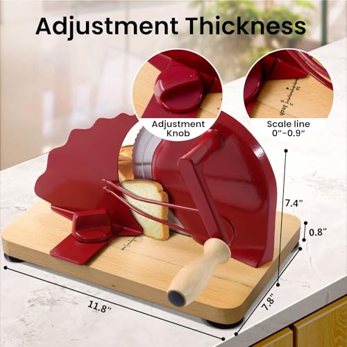 Manual Bread Slicer for Homemade Bread, Bread Cutter for Adjustable and Even Slices, Classic Hand Crank Sourdough Slicer with Scale Line & Powerful Suction Cup, Sharp Stainless Steel Blade (Red) - color: Red