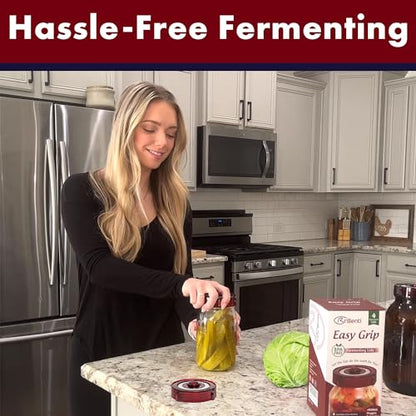 Fermenting Lids for wide mouth mason jars. 4 waterless airlock fermentation lids kit. Easy Grip fermenter lid with Oxygen Pump automatically Vents air. Tracks ferment date. (4 Lids + Pump)