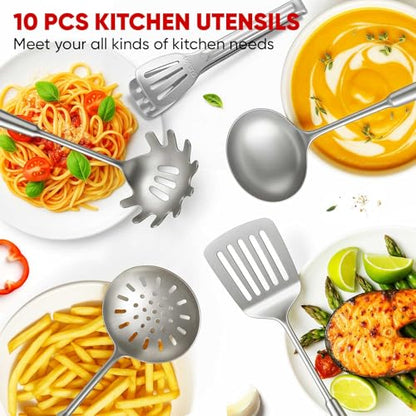 Newness 10 Pcs Cooking Utensils Set,18/8 304 Stainless Steel Kitchen Utensils Set, Metal Kitchen Accessories, Include Soup Ladle, Slotted Skimmer Spoon, Spaghetti Spoon, Spatula, Tongs,Dishwasher Safe - size: 10 PCS Cooking Utensils Set