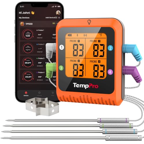 TempPro 650 ft Bluetooth Meat Thermometer with 4 Color-Coded Probes, Wireless Meat Thermometer Digital Wireless with Timer, Commercial Cooking Tools & Utensils Rechargeable for Smoker Oven - style: 4 Probes