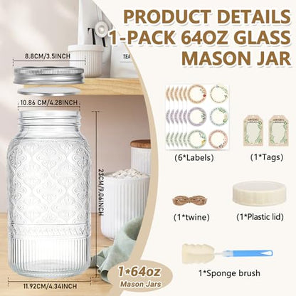 64oz Glass Mason Jars 1-Pack with Airtight Metal Split & Extra Plastic Lid | Half Gallon Wide Mouth Canning Jars, Large Glass Containers for Pantry Storage, Fermenting, Pickling, Cold Brew, DIY Projects - color: Clear-64OZ