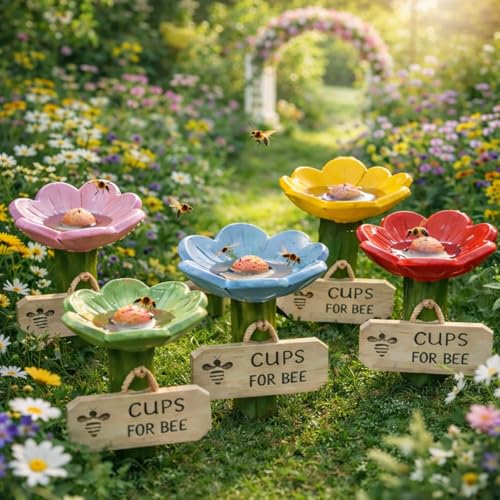 Bee Watering Station for Garden 5-Pack, Flower Bee Water Feeder, Ground Stake Pollinator Watering Station for Yard, Flower Bed, Planter - color: Five colors