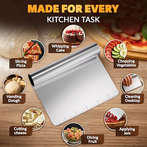 Stainless Steel Bench Scraper, 5.9 x 4.53 In, Measurement Marks | Pastry Scraper Tool with Ergonomic Handle, Resists Bending for Clean Cuts; Dough Cutter for Sourdough, Pizza and Cookie