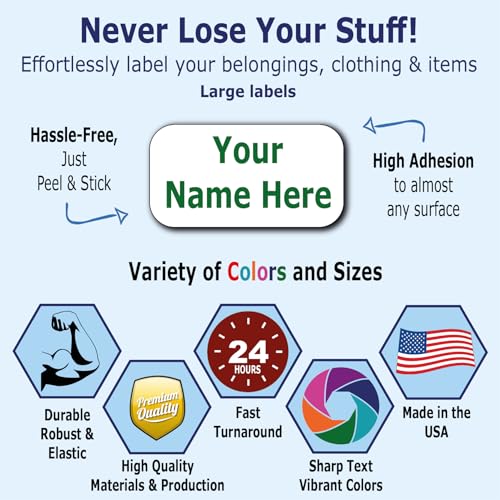 24 Large Personalized Waterproof Name Labels. Press and Stick Multi use Custom Name Labels. Customized 2 Lines of Text and Color. ID Identification Name Stickers with Permanent Self Adhesive. - color: 24 Large Labels - White Background
