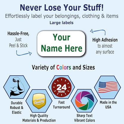 24 Large Personalized Waterproof Name Labels. Press and Stick Multi use Custom Name Labels. Customized 2 Lines of Text and Color. ID Identification Name Stickers with Permanent Self Adhesive. - color: 24 Large Labels - White Background