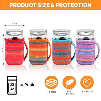 KJQJLY 4 Pcs Mason Jars Sleeves Neoprene 16oz and 24oz 32oz Regular and Wide Mouth Mason Jar Sleeves Holder with Handle (Desert Sunset, 32 OZ) - color: Desert Sunset, size: 32 OZ