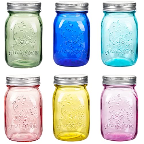 Amzcku 16 oz Colored Mason Jars with Lids，Regular Mouth Canning Jar, 6 Pack Multifunction Glass Container, for Storage, Canning, Pickling, Preserving, Fermenting, DIY Crafts & Decor - color: colored 16 oz