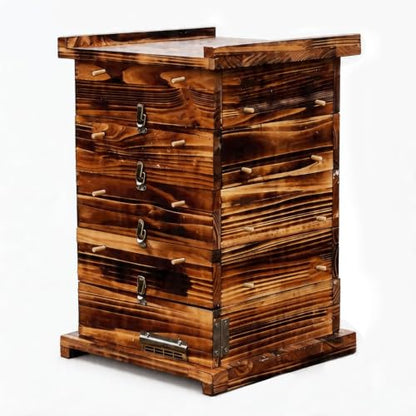 Beehive Box Kit, Pine Wood 5-Layer Structure Beeswax Coated Vertical Beehive, Without Nest Frame, with Metal Hive Entrance (Carbonized Version, 5-Layer Segmented Design) - color: Carbonized version, size: 5-Layer Vertical Beehive