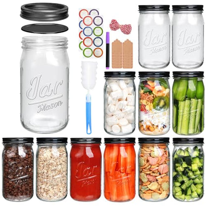 QAPPDA Wide Mouth Mason Jars 32 oz 12 Pack, Canning Jar Large Glass Jars with Two Pieces Lids for Pickling, Storage Food, Meal Prep, Jams, and Spices - size: 32oz - Jar Split