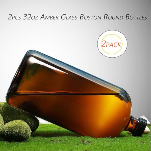 2 Pack 1000ml (32oz) Amber Glass Boston Round Bottles with Black Screw Caps - Empty Refillable Brown Glass Bottles for Essential Oils, Lab Chemicals, Cosmetics, Cleaning Solutions & Homemade Products