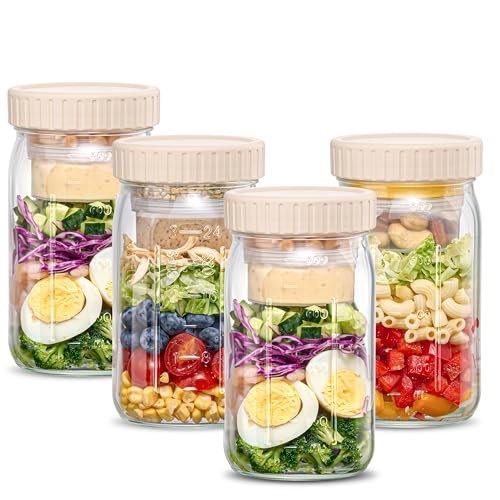 Danmu 32 oz Salad Jars with 2 Dressing Cups - Glass Mason Jar Meal Prep Containers,Wide Mouth,Leak Proof,Dishwasher Safe - Dry Wet Food Separation for Fresh Salad,Leftovers 4 Pack - color: Pearl White