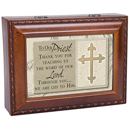 Cottage Garden Our Priest Woodgrain Inspirational Rope Trim Music Box Plays Ave Maria
