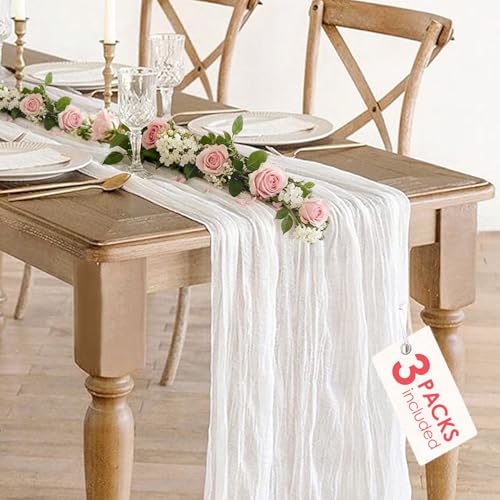 3 Pack White Cheesecloth Table Runner - Summer 10Ft Gauze Cheese Cloth Table Runner 35x120 Inch Long Romantic Sheer Table Cloth for Wedding Bridal Baby Shower Holiday Decorations - color: White, size: 10ft x 3pcs