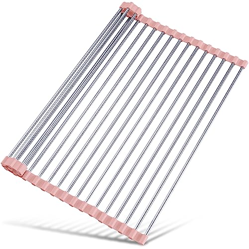 Tomorotec 17.7" x 12.5" Roll Up Dish Drying Rack Over Sink Drying Rack Sink Cover Kitchen Sink Accessories Gadget Multipurpose Organizer Foldable Stainless Steel Drainer - color: Pink, size: 17.7 x 12.5 in