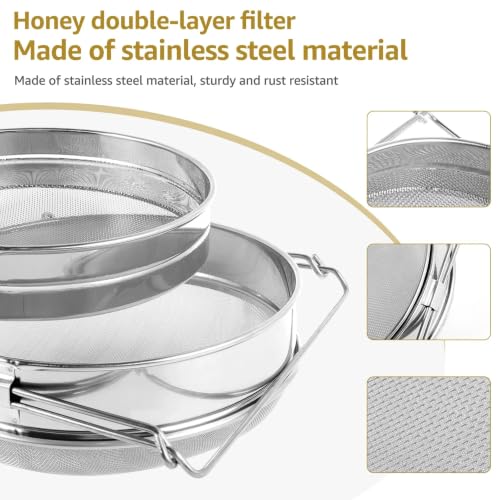 Stainless Steel Honey Strainer for 5 Gallon Bucket, Double Layer Mesh Honey Filter Strainer with Adjustable Support Legs, Universal Beekeeping Harvest Tool Fit Most Honey Pails