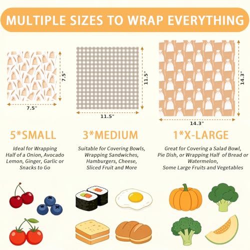 Reusable Beeswax Wrap, Flour Sack and Gingham Wraps, 9 Pack Sheets for Bread, Fruit, Bowl, Organic, Sustainable, Zero Waste, Plastic-Free Food Storage, 1XL, 3M, 5S - color: Beige Wheat Sacks
