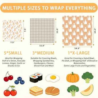 Reusable Beeswax Wrap, Flour Sack and Gingham Wraps, 9 Pack Sheets for Bread, Fruit, Bowl, Organic, Sustainable, Zero Waste, Plastic-Free Food Storage, 1XL, 3M, 5S - color: Beige Wheat Sacks
