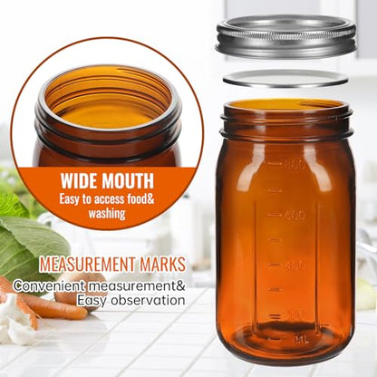 32 oz Amber Glass Mason Jars 6 Pack, Wide Mouth Airtight Lids with Bands | Amber glass, canning/preserving/jam/sauces/pickle fermenting, beverages/DIY projects, reusable, quart size, wide mouth design