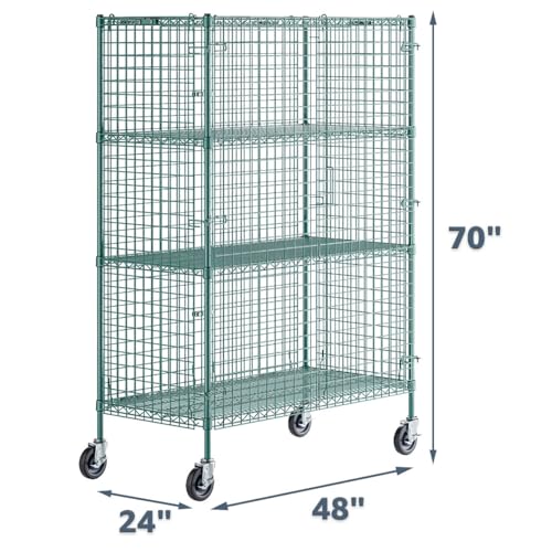 24" x 48" x 70" NSF Heavy Duty Mobile Green Epoxy Wire Shelves with Security Cage Kit, 4 Tier Metal Commercial Storage Rack with Wheels - color: Green, size: 24" x 48" x 70" with Wheels