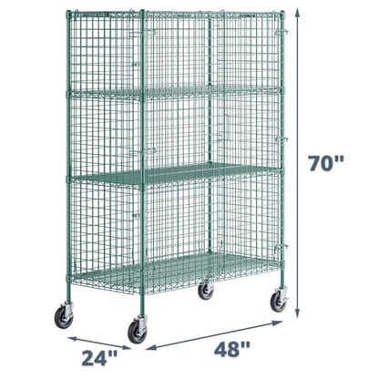 24" x 48" x 70" NSF Heavy Duty Mobile Green Epoxy Wire Shelves with Security Cage Kit, 4 Tier Metal Commercial Storage Rack with Wheels - color: Green, size: 24" x 48" x 70" with Wheels