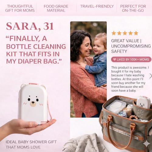 Travel Bottle Cleaner kit, 7in1 Baby Travel Gear Essential Silicone Travel Bottle Brush Set Nipple Drying Rack, Straw Breast Pump Cleaning Soap Dispenser Organizer Case Mon Gift (Pink) - color: Pink