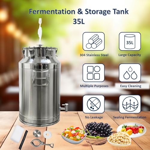35L Stainless Steel Fermenter Tank with Faucet & Exhaust Valve 304 Food-Grade Fermentation & Storage Container for Wine, Beer, Sauerkraut
