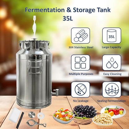35L Stainless Steel Fermenter Tank with Faucet & Exhaust Valve 304 Food-Grade Fermentation & Storage Container for Wine, Beer, Sauerkraut