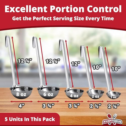 Sturdy, Ergonomic Combo Sizes Ladles 5 Pk. 1 2 4 6 8 Oz Stainless Steel Ladle with Long Handles. Best Kitchen Supplies for Stirring, Portioning and Serving Soup, Chili and Stew in Restaurants and Home - size: multi-5pk