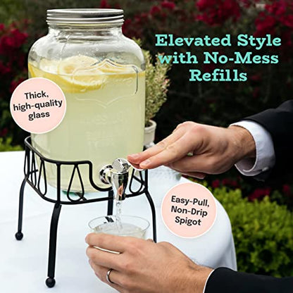 Estilo Gallon Drink Dispenser with Stand - Glass Beverage Dispenser with Stand for Weddings - Sun Tea Jar with Spigot 1 Gallon - Countertop Glass Water Dispenser for Lemonade and Parties - style: Single w/ Stand
