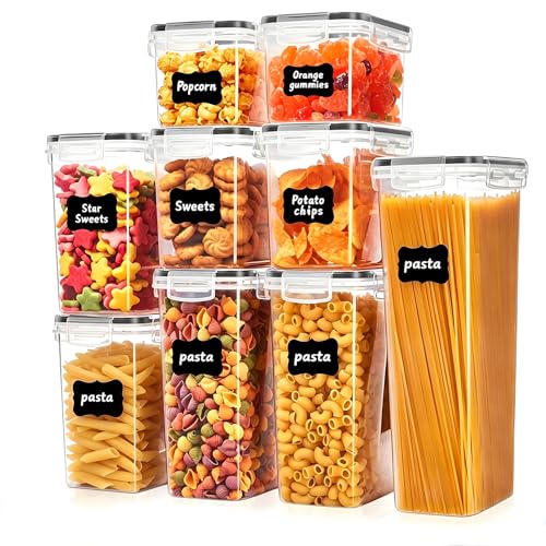 9 PCS Airtight Food Storage Containers with Lids, BPA Free Clear Plastic Kitchen and Pantry Organization and Storage Set for Flour, Sugar, Cereal, Pasta, Includes 9 Labels and Marker - size: 9pcs