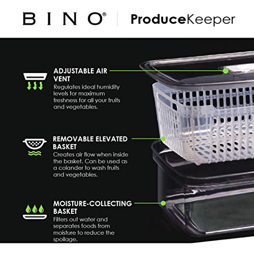 BINO | Produce Saver - 23.7 Cup/5.6L | Fridge Storage Containers for Fruits and Vegetables | Vegetable Storage with Adjustable Air Vent, Removable Basket | BPA-Free Fridge Organizers and Storage - size: 23.7 Cup