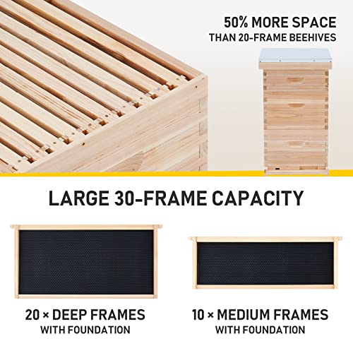 CREWORKS Bee Hive Boxes Starter Kit, 3 Layer Bee House with 10 Medium and 20 Deep Frames & Foundations, Langstroth Beehive for Bee Keeping, Beekeeping Supplies with Plastic Queen Excluder and Nails - style: 3 Layer